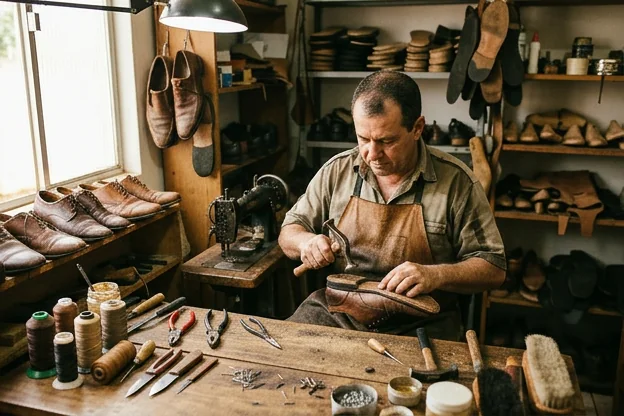 Sapatos em uma mesa de trabalho de sapateiro em Toledo, com dicas de cuidados.